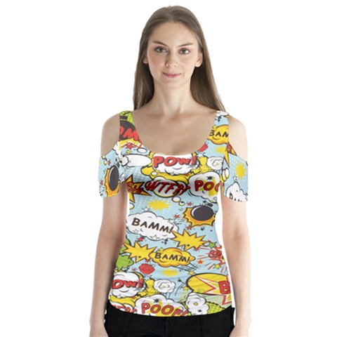 Comic Pow Bamm Boom Poof Wtf Pattern 1 Butterfly Sleeve Cutout Tee  by EDDArt