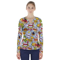 Comic Pow Bamm Boom Poof Wtf Pattern 1 V-neck Long Sleeve Top by EDDArt