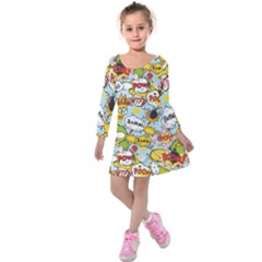 Comic Pow Bamm Boom Poof Wtf Pattern 1 Kids  Long Sleeve Velvet Dress