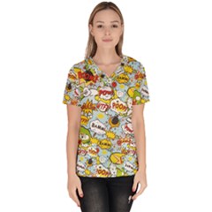 Comic Pow Bamm Boom Poof Wtf Pattern 1 Women s V-neck Scrub Top by EDDArt