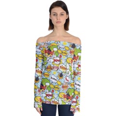 Comic Pow Bamm Boom Poof Wtf Pattern 1 Off Shoulder Long Sleeve Top by EDDArt