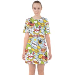 Comic Pow Bamm Boom Poof Wtf Pattern 1 Sixties Short Sleeve Mini Dress by EDDArt