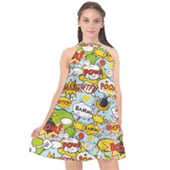 Comic Pow Bamm Boom Poof Wtf Pattern 1 Halter Neckline Chiffon Dress  by EDDArt