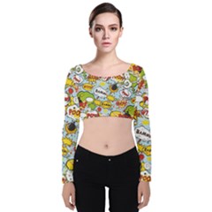 Comic Pow Bamm Boom Poof Wtf Pattern 1 Velvet Long Sleeve Crop Top by EDDArt