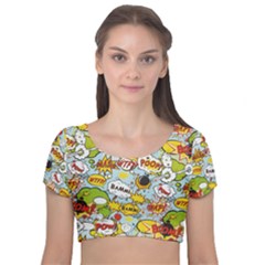 Comic Pow Bamm Boom Poof Wtf Pattern 1 Velvet Short Sleeve Crop Top  by EDDArt