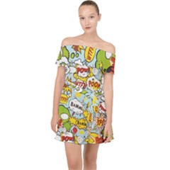 Comic Pow Bamm Boom Poof Wtf Pattern 1 Off Shoulder Chiffon Dress by EDDArt