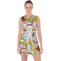 Comic Pow Bamm Boom Poof Wtf Pattern 1 Lace Up Front Bodycon Dress by EDDArt