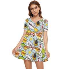 Comic Pow Bamm Boom Poof Wtf Pattern 1 Tiered Short Sleeve Babydoll Dress