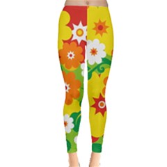 Flower Power Wallpaper Green Yellow Orange Red Leggings  by EDDArt