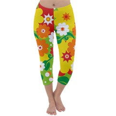 Flower Power Wallpaper Green Yellow Orange Red Capri Winter Leggings  by EDDArt