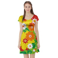 Flower Power Wallpaper Green Yellow Orange Red Short Sleeve Skater Dress by EDDArt