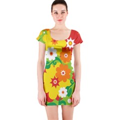 Flower Power Wallpaper Green Yellow Orange Red Short Sleeve Bodycon Dress by EDDArt