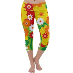 Flower Power Wallpaper Green Yellow Orange Red Capri Yoga Leggings by EDDArt