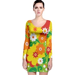 Flower Power Wallpaper Green Yellow Orange Red Long Sleeve Velvet Bodycon Dress