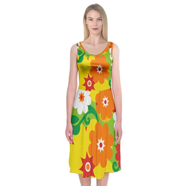 Flower Power Wallpaper Green Yellow Orange Red Midi Sleeveless Dress