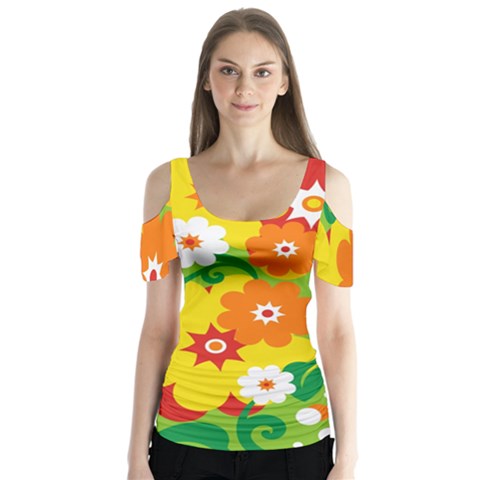 Flower Power Wallpaper Green Yellow Orange Red Butterfly Sleeve Cutout Tee  by EDDArt