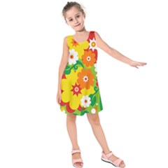 Flower Power Wallpaper Green Yellow Orange Red Kids  Sleeveless Dress by EDDArt