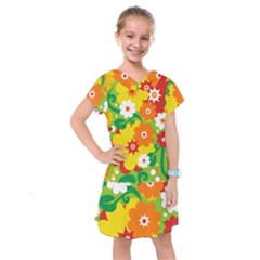 Flower Power Wallpaper Green Yellow Orange Red Kids  Drop Waist Dress by EDDArt