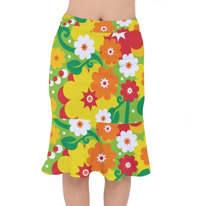 Flower Power Wallpaper Green Yellow Orange Red Short Mermaid Skirt