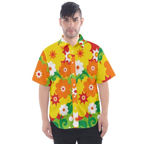 Flower Power Wallpaper Green Yellow Orange Red Men s Short Sleeve Shirt by EDDArt