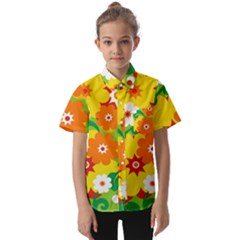 Flower Power Wallpaper Green Yellow Orange Red Kids  Short Sleeve Shirt by EDDArt