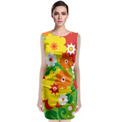 Flower Power Wallpaper Green Yellow Orange Red Sleeveless Velvet Midi Dress by EDDArt