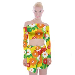 Flower Power Wallpaper Green Yellow Orange Red Off Shoulder Top With Mini Skirt Set by EDDArt