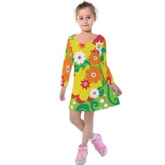 Flower Power Wallpaper Green Yellow Orange Red Kids  Long Sleeve Velvet Dress