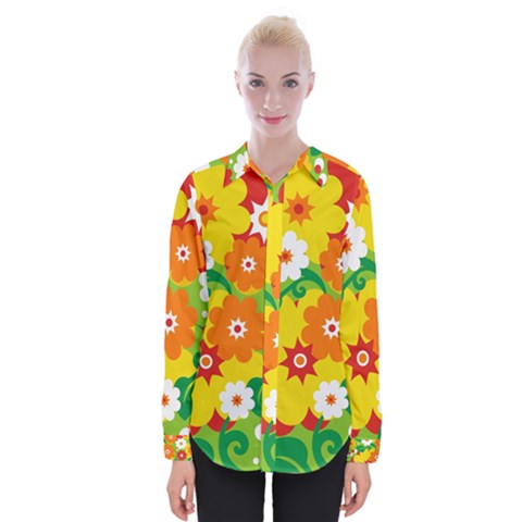 Flower Power Wallpaper Green Yellow Orange Red Womens Long Sleeve Shirt by EDDArt