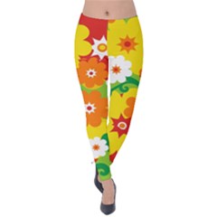 Flower Power Wallpaper Green Yellow Orange Red Velvet Leggings by EDDArt