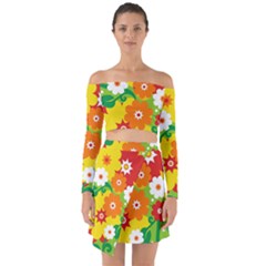 Flower Power Wallpaper Green Yellow Orange Red Off Shoulder Top With Skirt Set by EDDArt