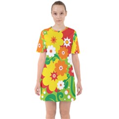 Flower Power Wallpaper Green Yellow Orange Red Sixties Short Sleeve Mini Dress by EDDArt