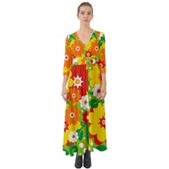 Flower Power Wallpaper Green Yellow Orange Red Button Up Boho Maxi Dress by EDDArt