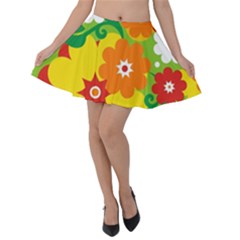 Flower Power Wallpaper Green Yellow Orange Red Velvet Skater Skirt