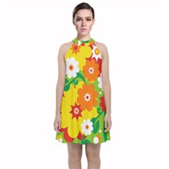 Flower Power Wallpaper Green Yellow Orange Red Velvet Halter Neckline Dress 