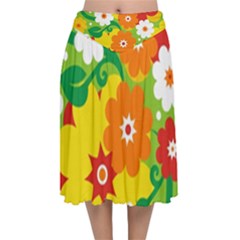 Flower Power Wallpaper Green Yellow Orange Red Velvet Flared Midi Skirt