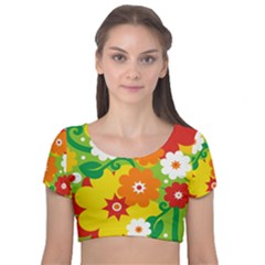 Flower Power Wallpaper Green Yellow Orange Red Velvet Short Sleeve Crop Top  by EDDArt