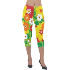 Flower Power Wallpaper Green Yellow Orange Red Lightweight Velour Capri Leggings  by EDDArt