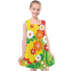 Flower Power Wallpaper Green Yellow Orange Red Kids  Cross Back Dress by EDDArt