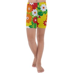 Flower Power Wallpaper Green Yellow Orange Red Kids  Lightweight Velour Capri Yoga Leggings by EDDArt