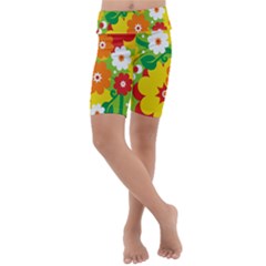 Flower Power Wallpaper Green Yellow Orange Red Kids  Lightweight Velour Cropped Yoga Leggings by EDDArt