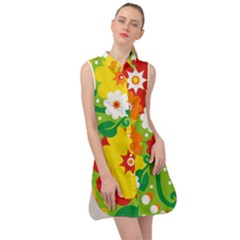 Flower Power Wallpaper Green Yellow Orange Red Sleeveless Shirt Dress by EDDArt