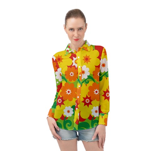 Flower Power Wallpaper Green Yellow Orange Red Long Sleeve Chiffon Shirt by EDDArt