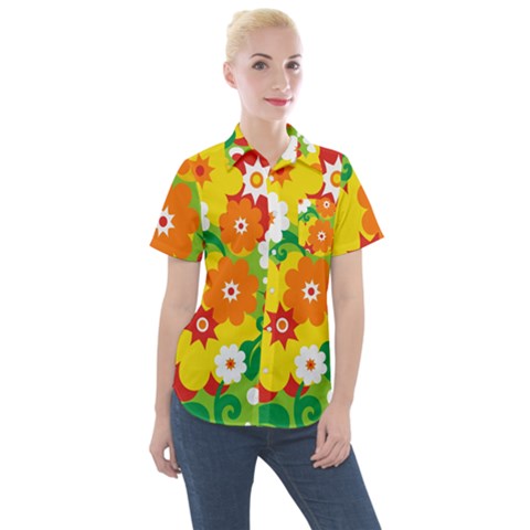 Flower Power Wallpaper Green Yellow Orange Red Women s Short Sleeve Pocket Shirt by EDDArt