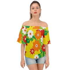 Flower Power Wallpaper Green Yellow Orange Red Off Shoulder Short Sleeve Top by EDDArt