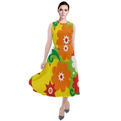 Flower Power Wallpaper Green Yellow Orange Red Round Neck Boho Dress