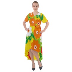 Flower Power Wallpaper Green Yellow Orange Red Front Wrap High Low Dress by EDDArt