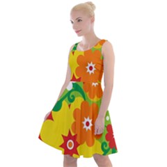 Flower Power Wallpaper Green Yellow Orange Red Knee Length Skater Dress by EDDArt