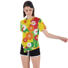 Flower Power Wallpaper Green Yellow Orange Red Asymmetrical Short Sleeve Sports Tee by EDDArt