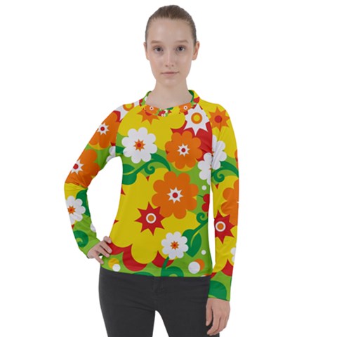 Flower Power Wallpaper Green Yellow Orange Red Women s Pique Long Sleeve Tee by EDDArt